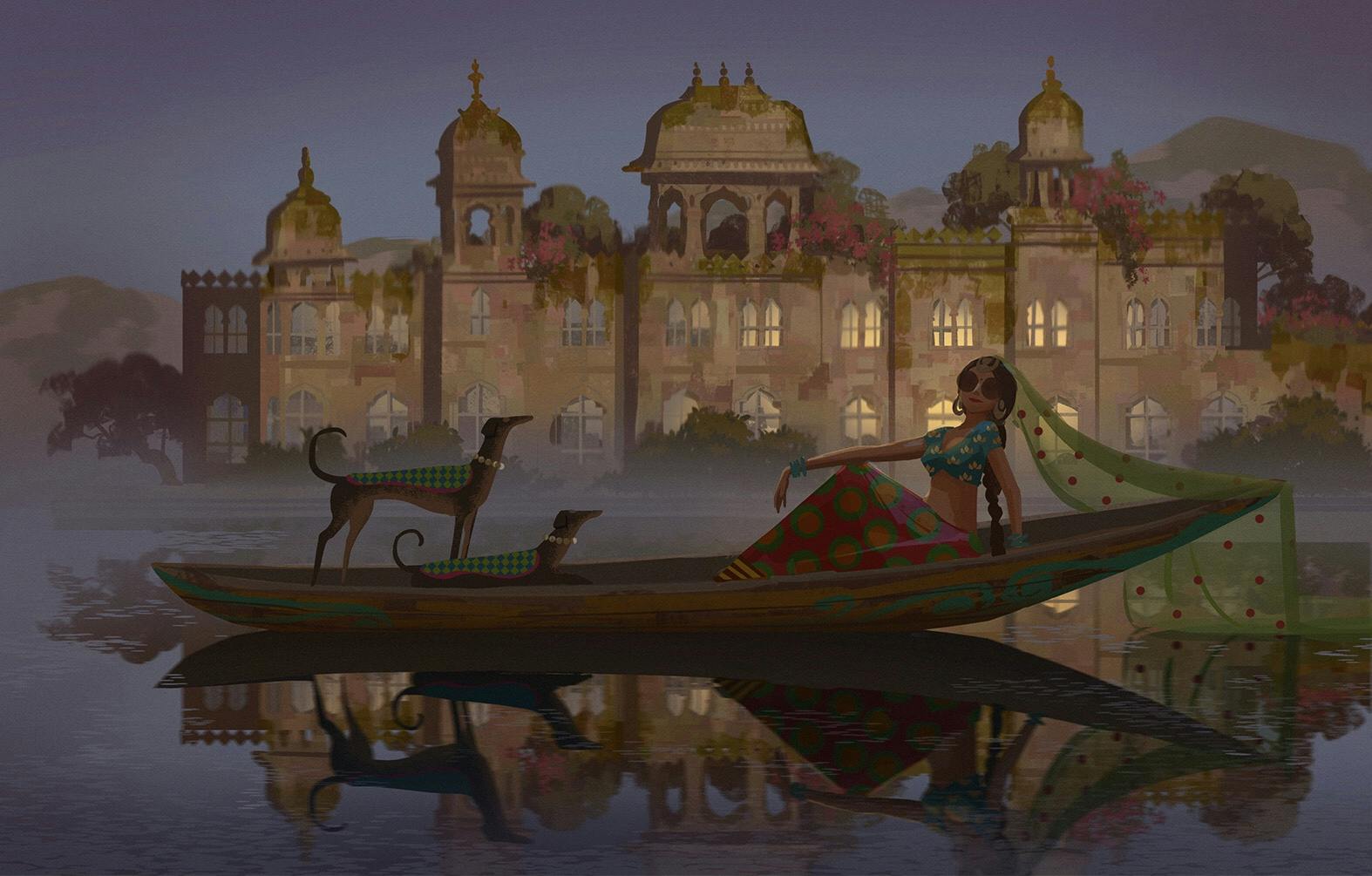 A cool woman in a boat with two dogs
