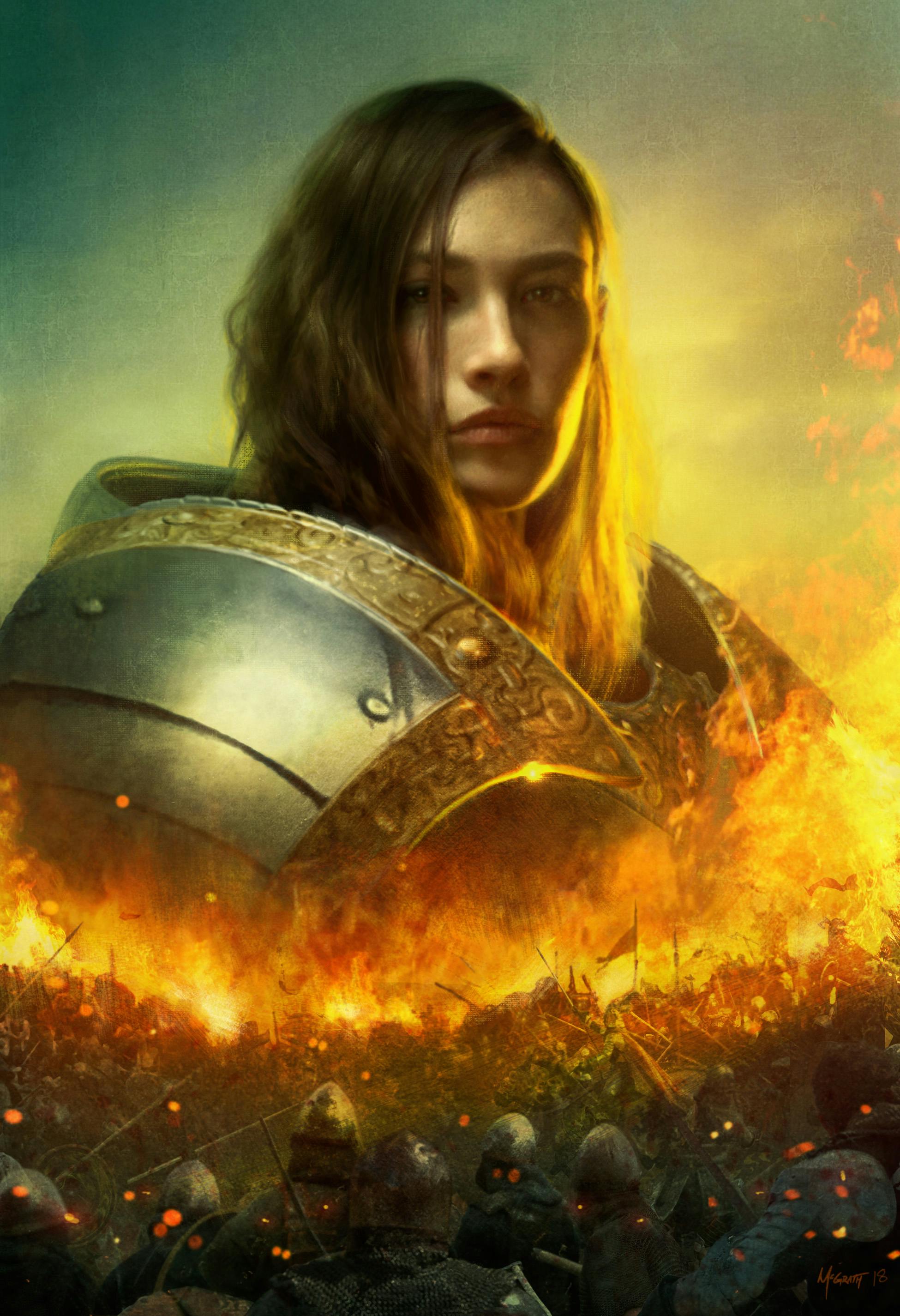 A warrior woman above a field of fiery war