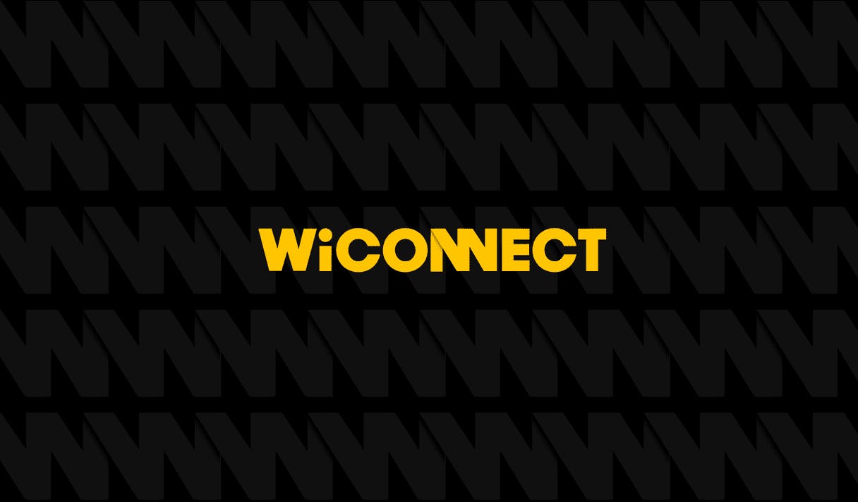 A yellow WiConnect logo against a patterned black background.