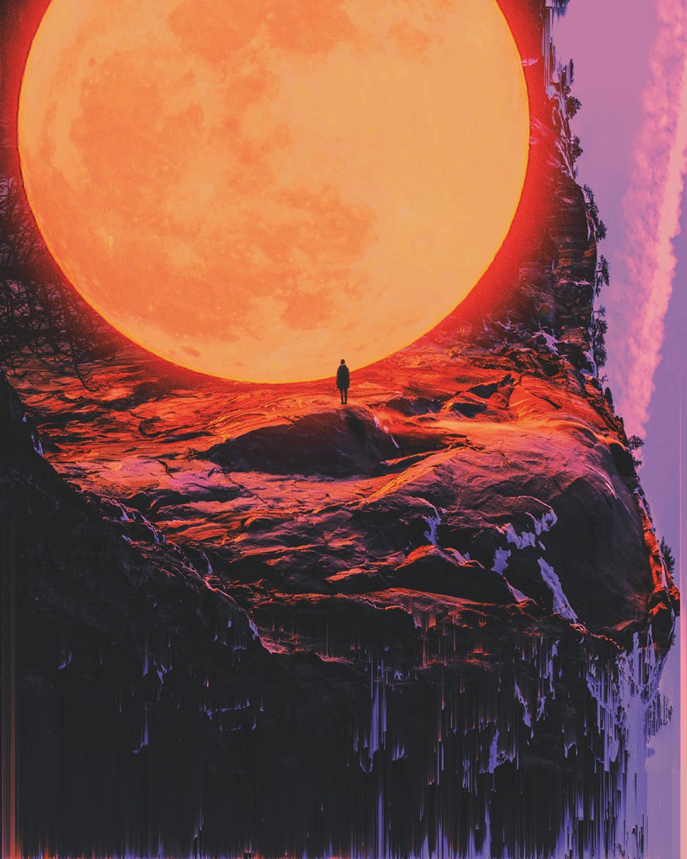 A collage of a person standing near the moon