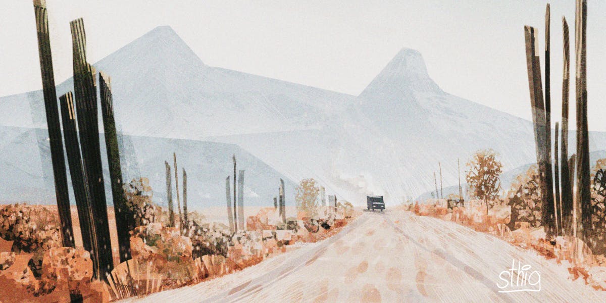 An illustration of a distant truck in a desert landscape