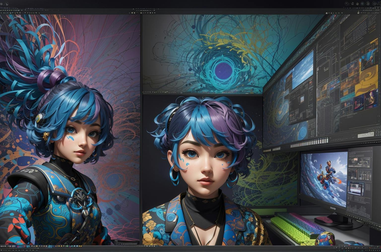 image of video game 3d character design on multiple work screens