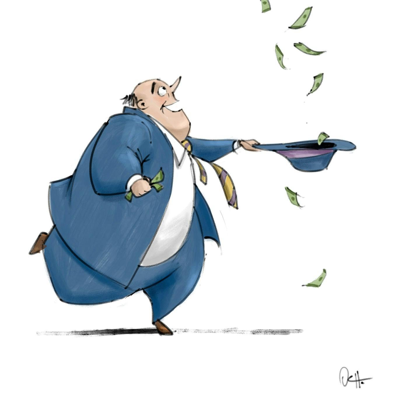 Illustration of a man catching dollars in his hat