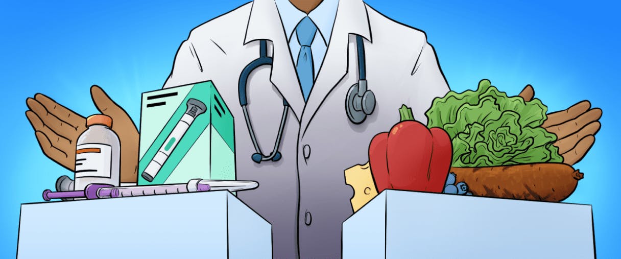 A doctor helping you decide whether to choose a lifetime of drugs or just eating vegetables, instead.