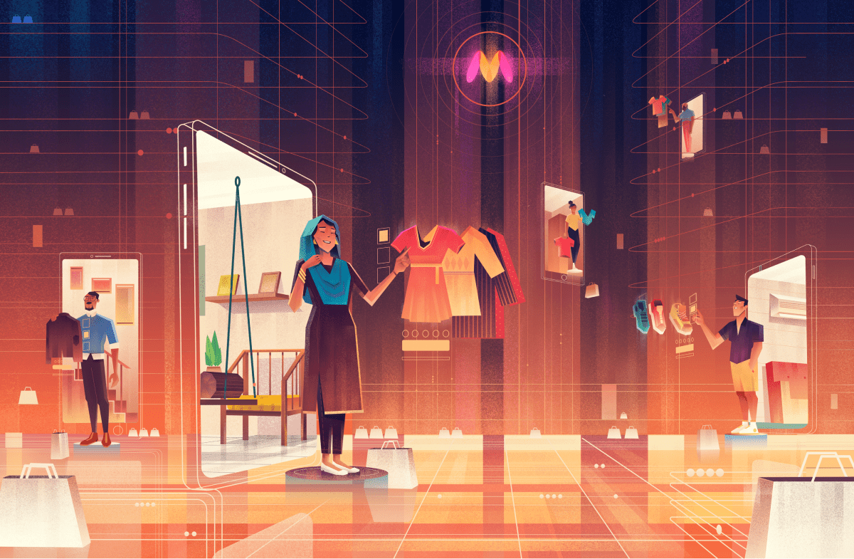 A woman shopping for clothing in a futuristic environment