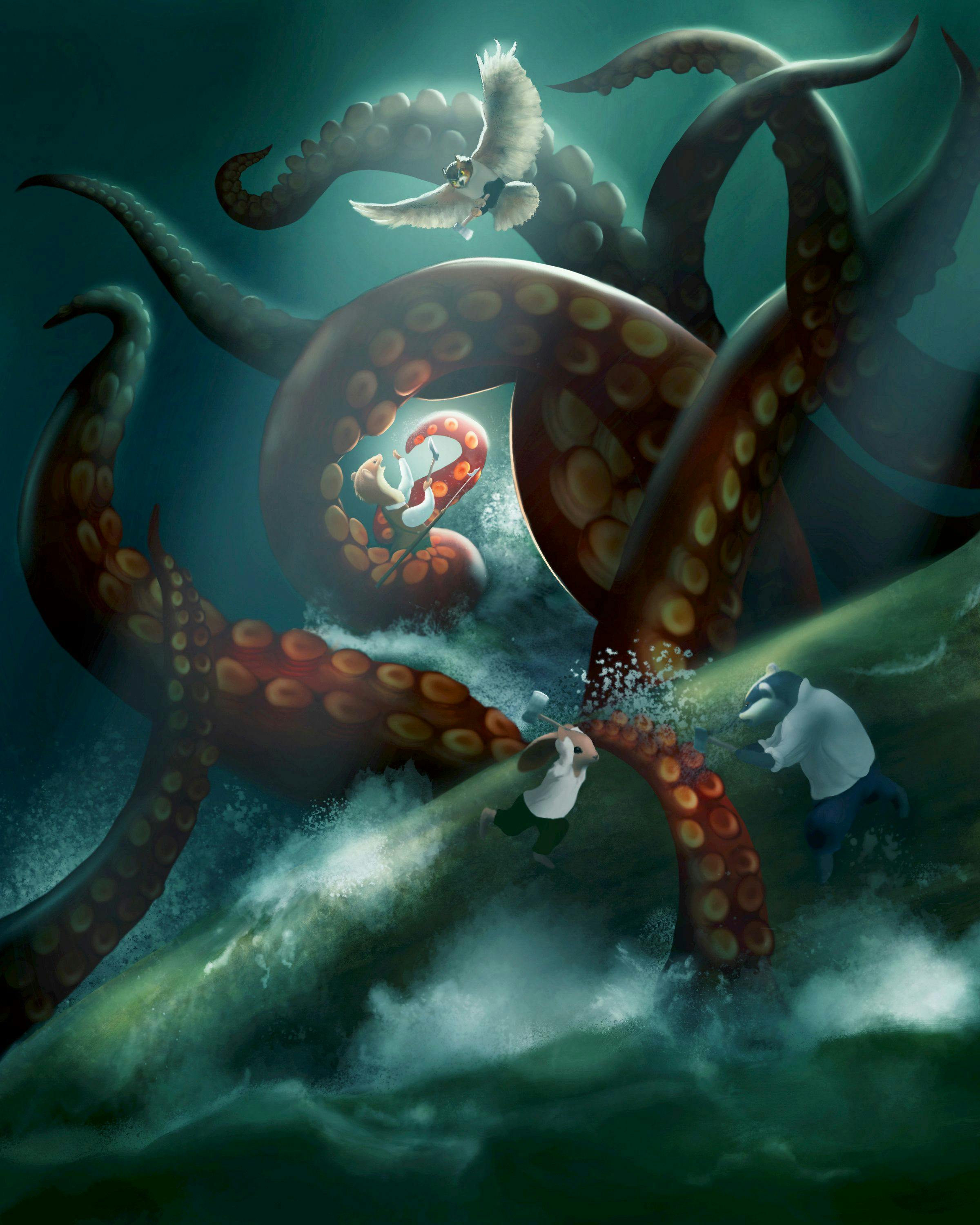 A giant octopus attacking in the sea