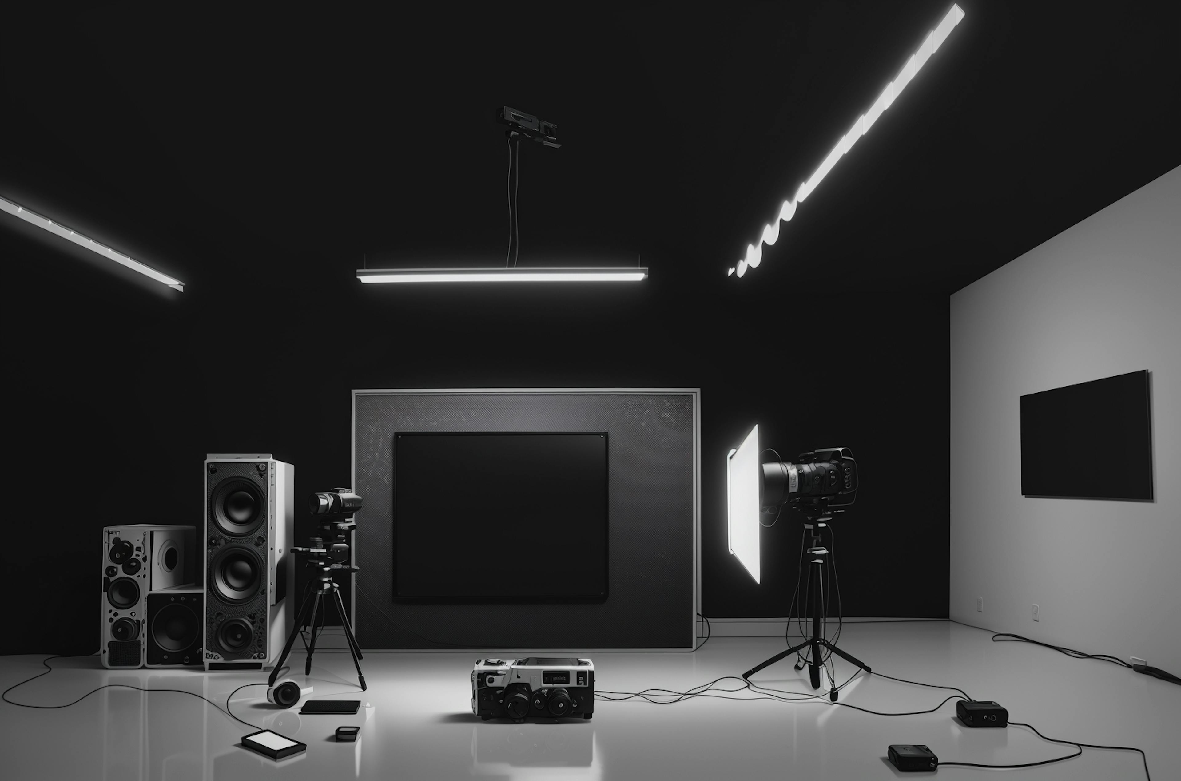 image of a dark studio with lights and camera equipment