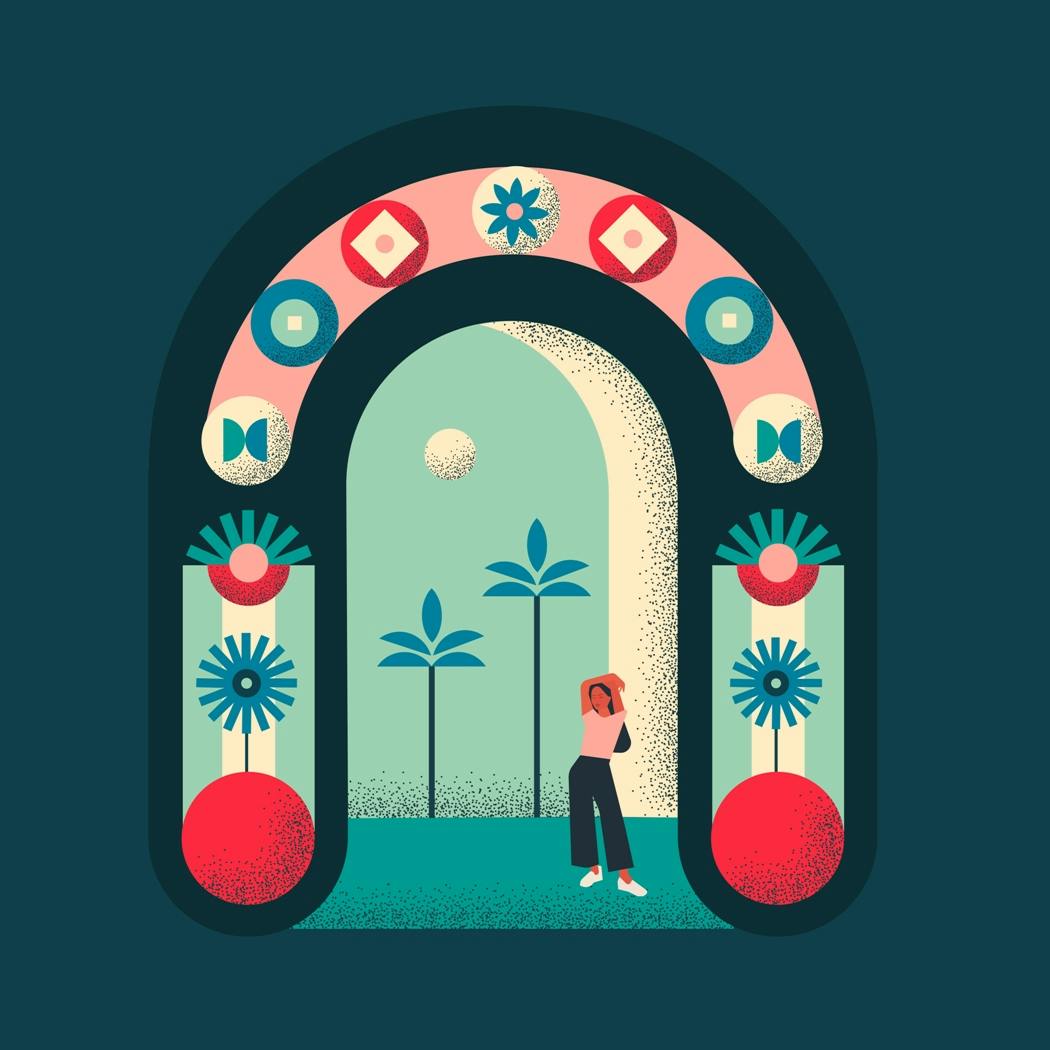 An illustration of a woman underneath a decorated arch