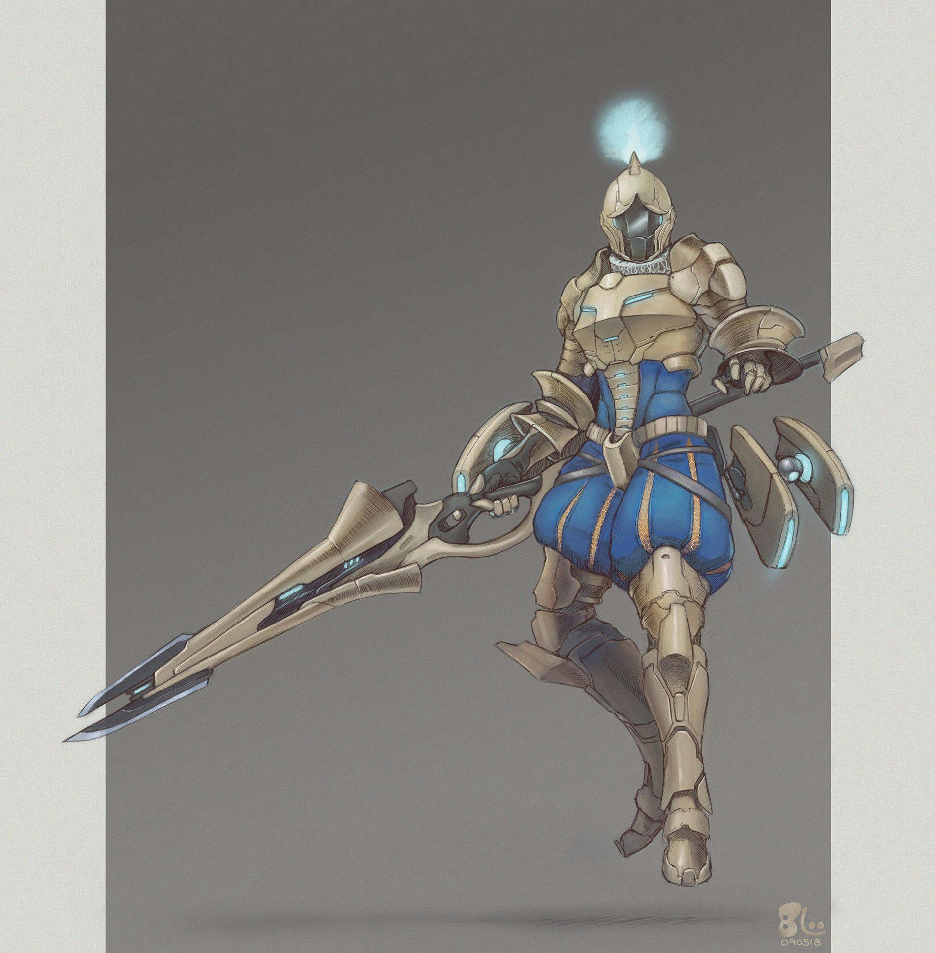 A lance wielding sci fi warrior