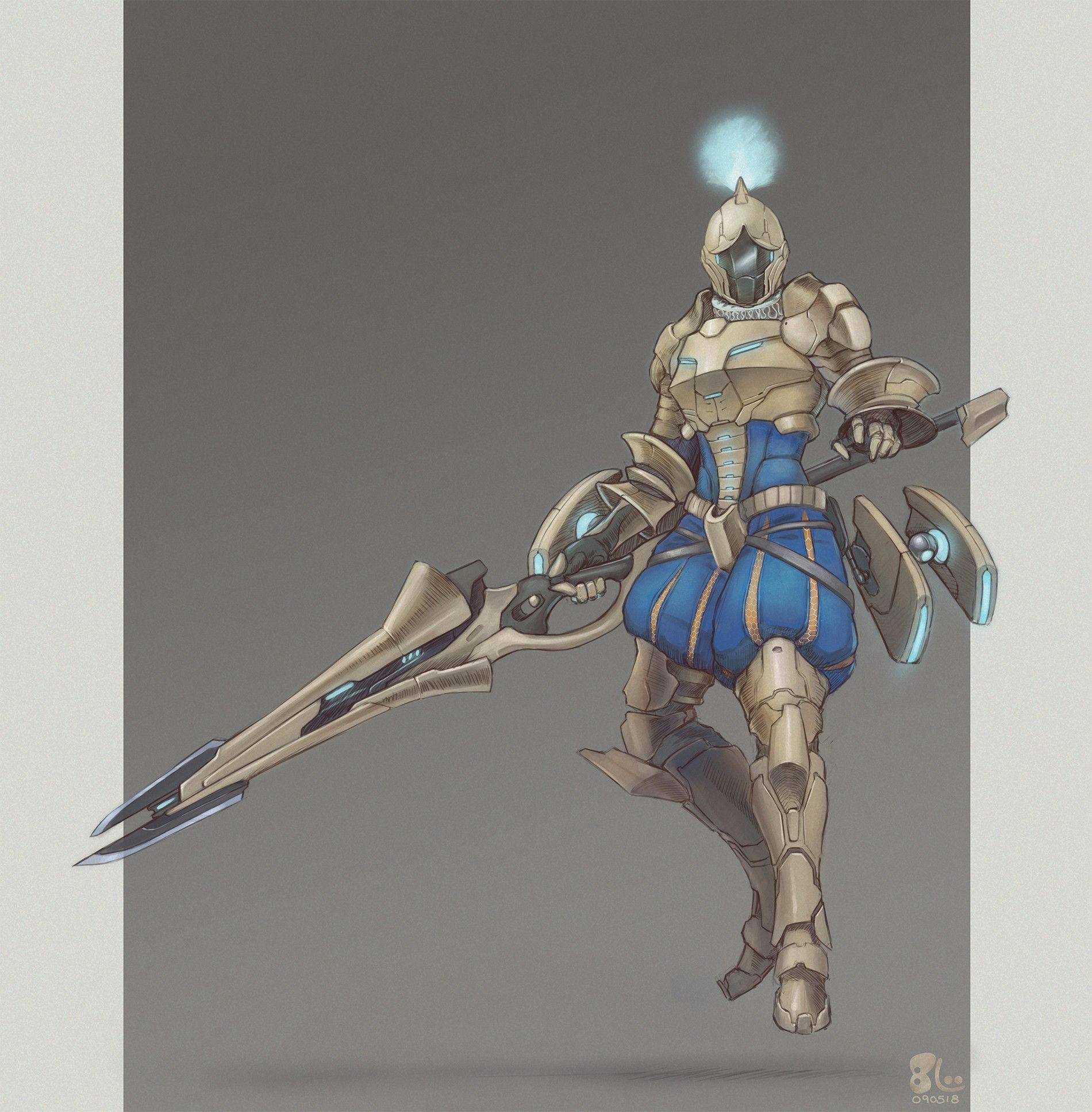 A lance wielding sci fi warrior