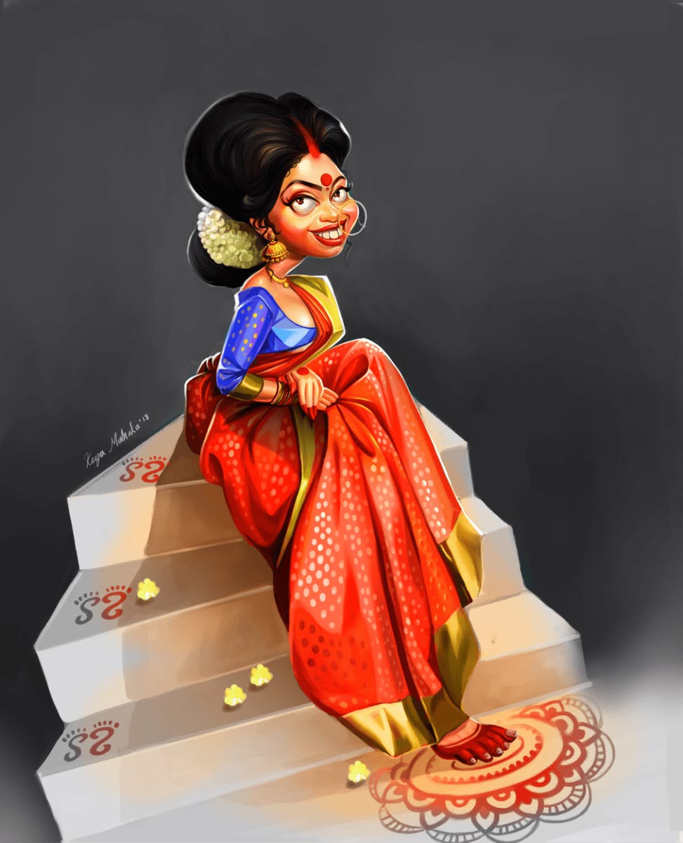 An illustration of an indian woman draped in beautiful red fabric