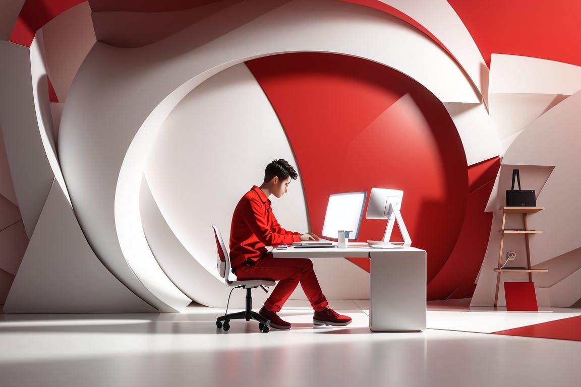 image of a man sitting at a desk while editing at a computer. with red and white swirled background wall