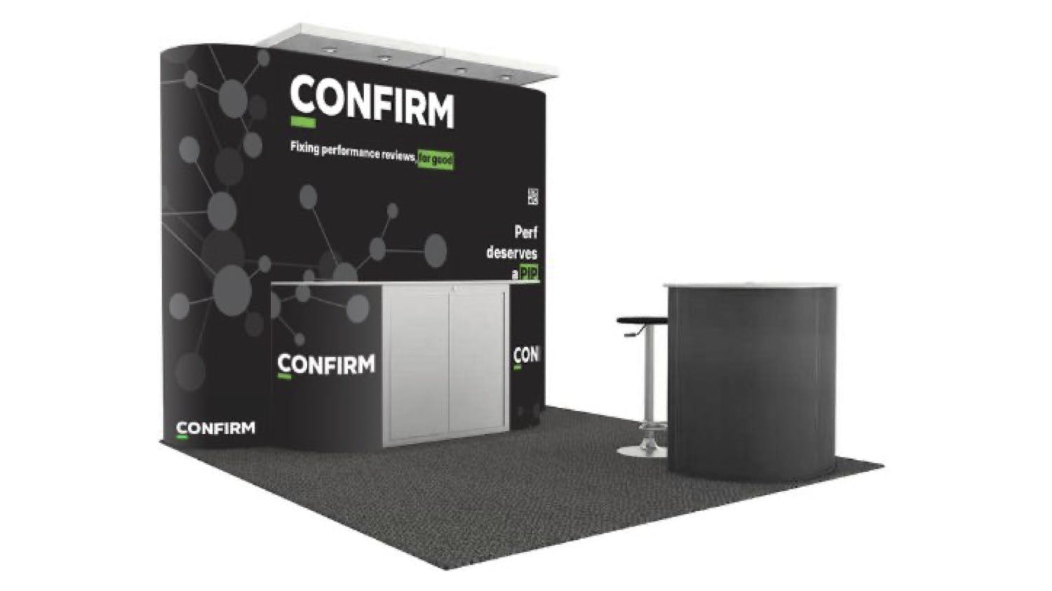 A booth with Confirm branding