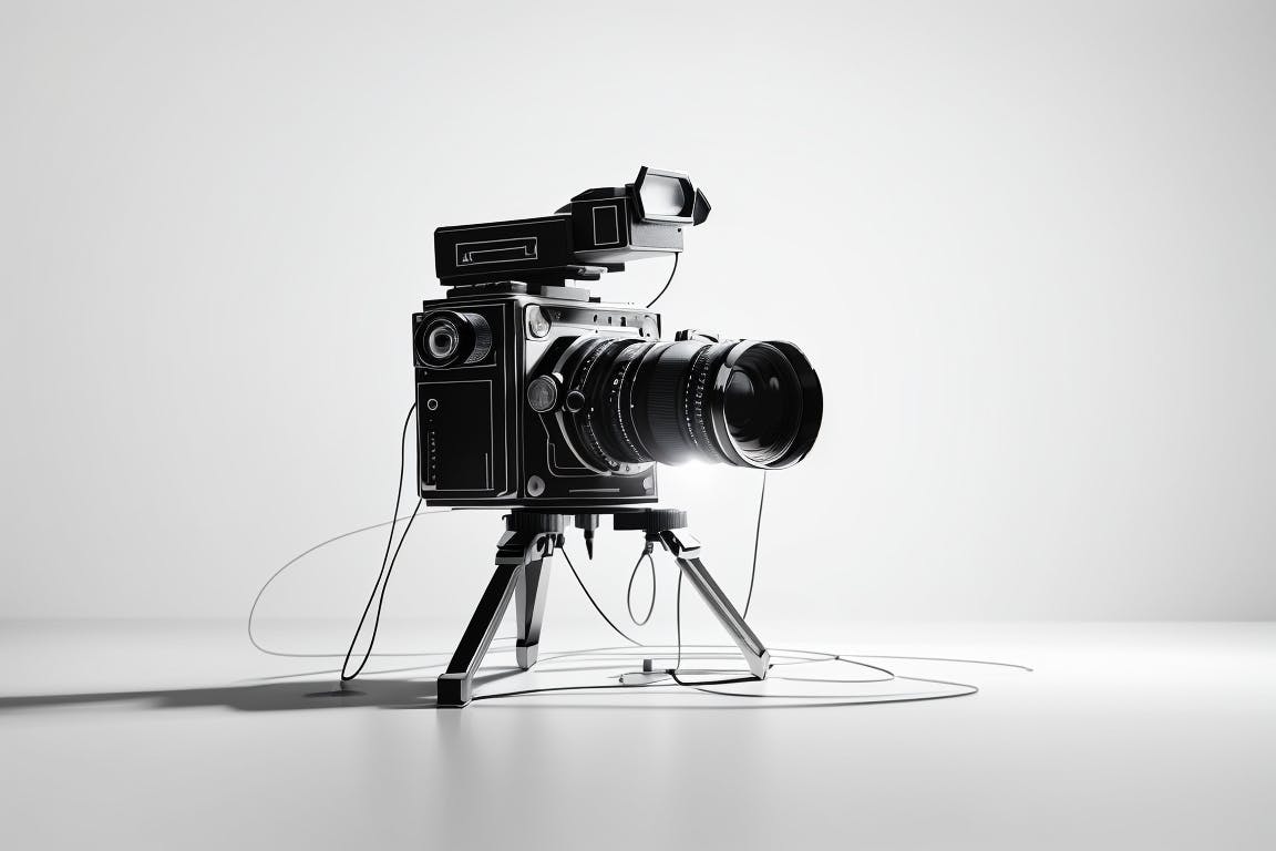 image of a cinematic camera on a grey background in a studio