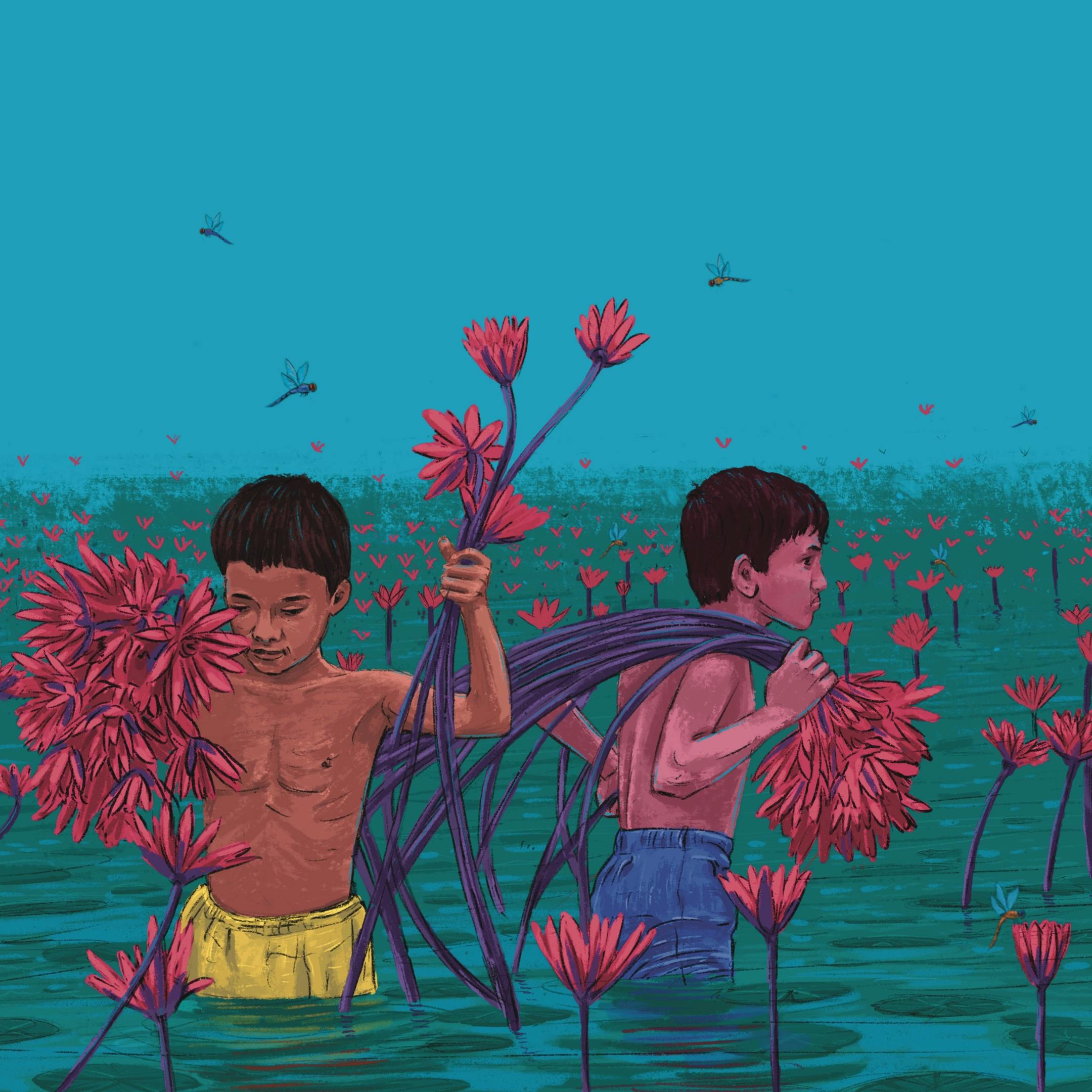 Two boys collecting flowers