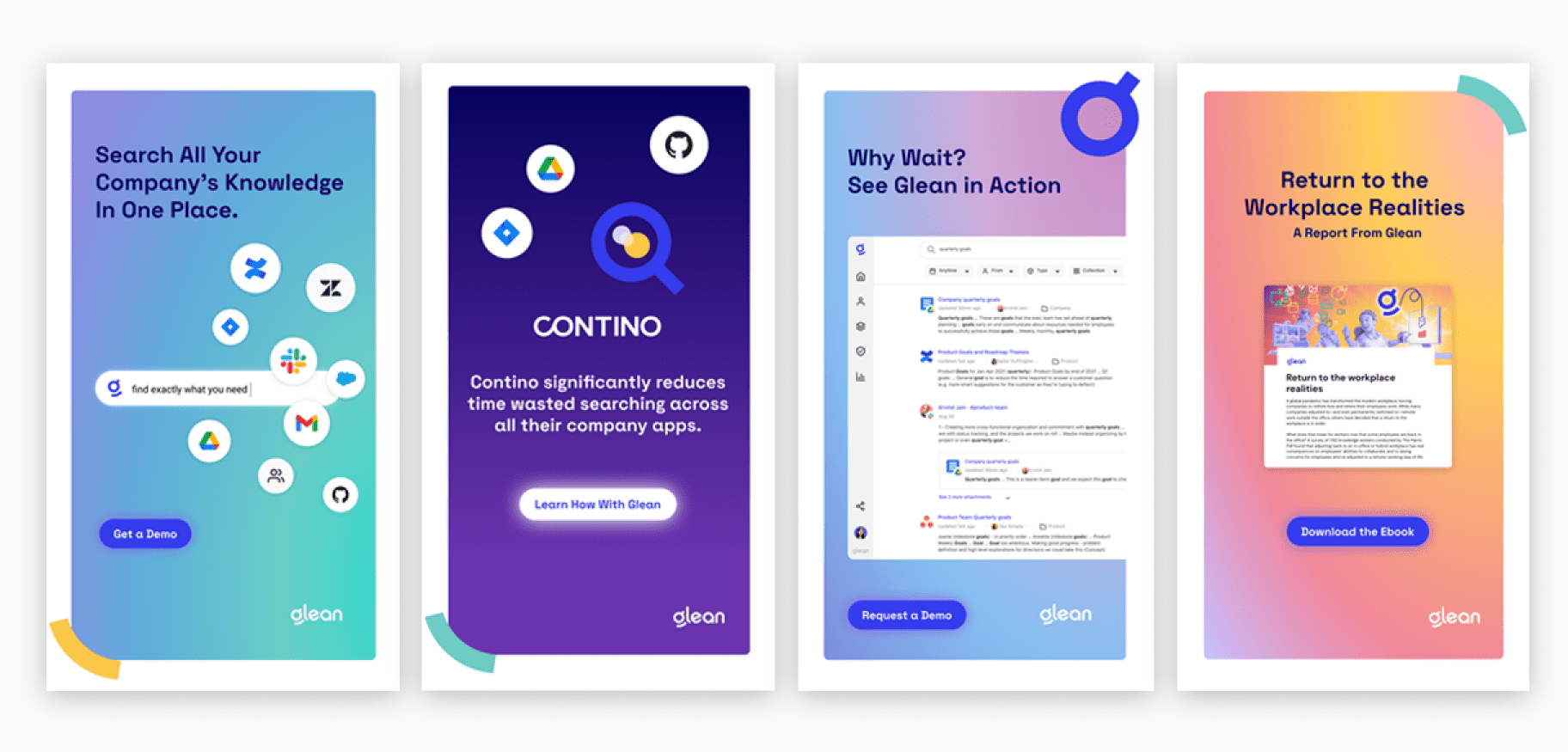 Four screens showing the progression of the Glean product.