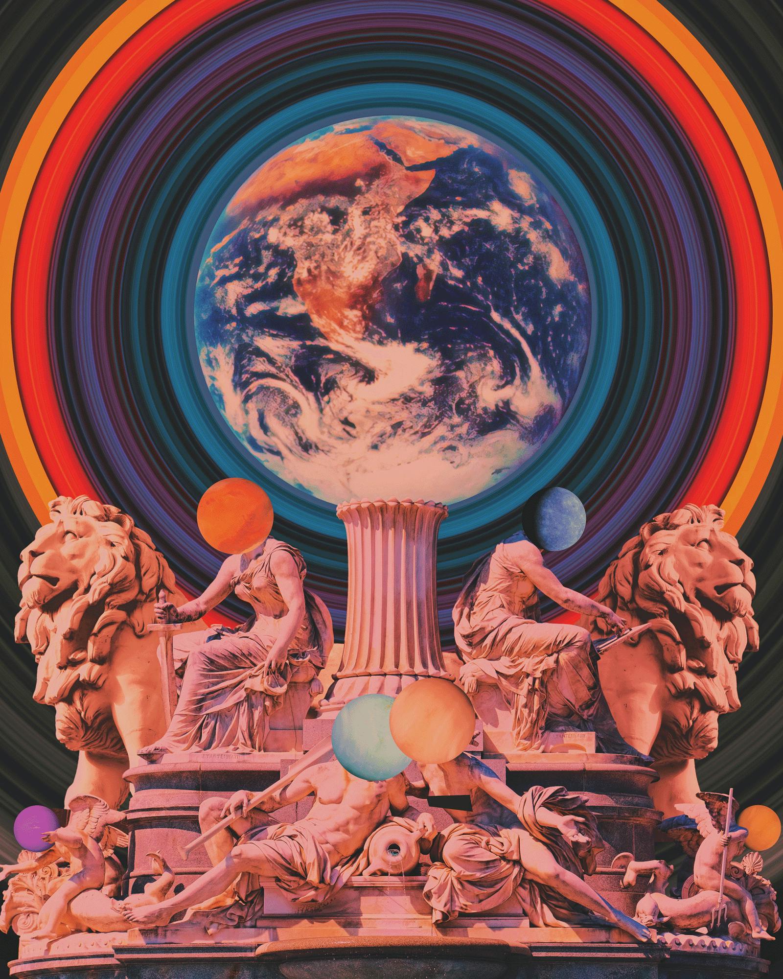 Statues supporting a ringed earth