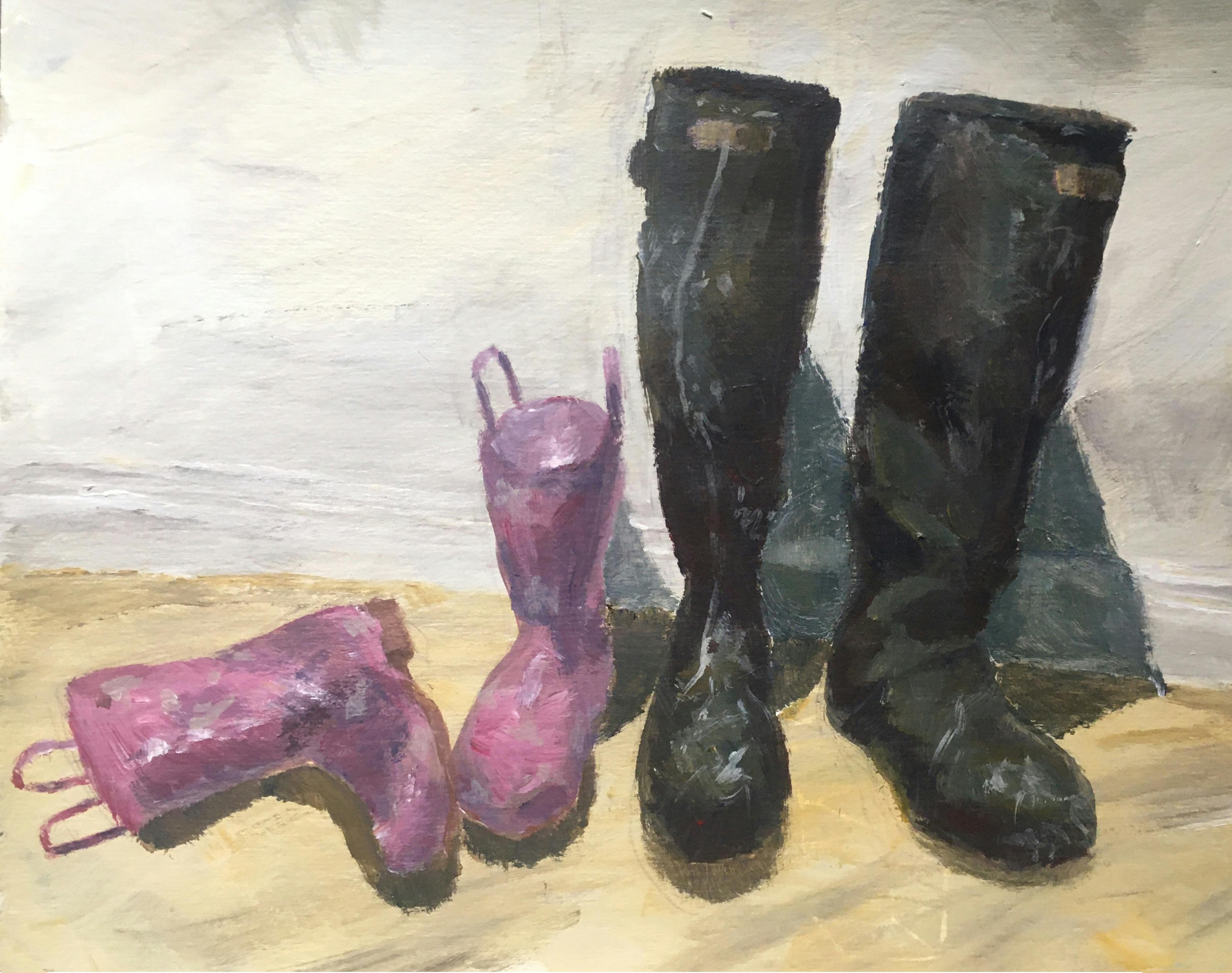 A still life painting of boots