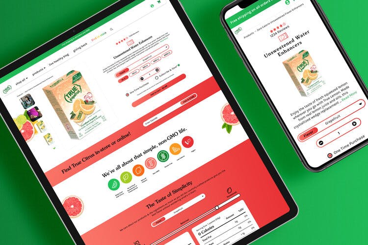 Tablet and smartphone screens displaying an e-commerce product page, showing creative cash app card design ideas alongside vibrant grapefruit-themed branding.