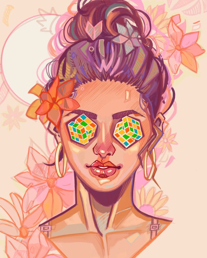 A woman with rubik's cubes for eyes