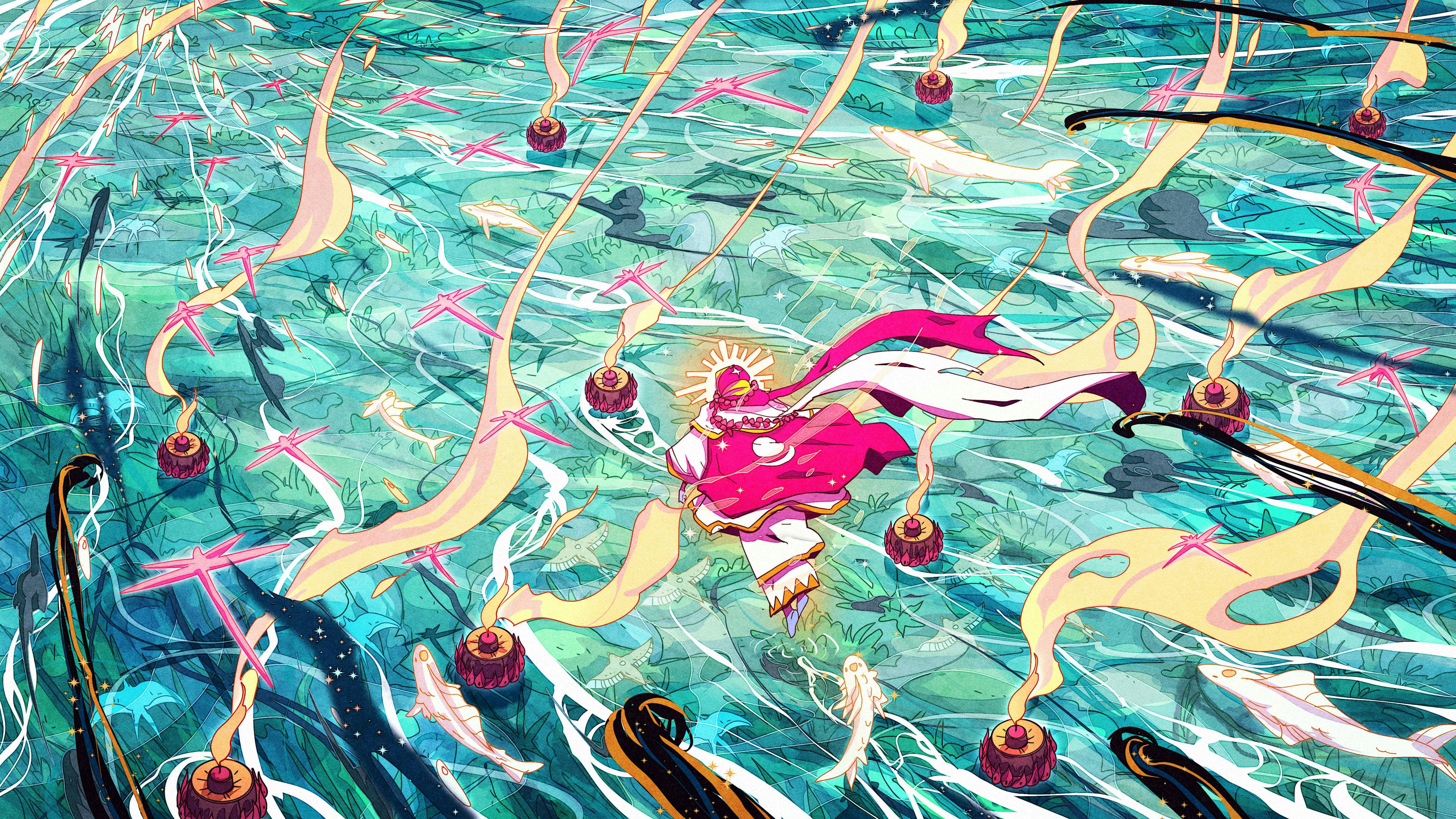 A brightly colored person floating above a river
