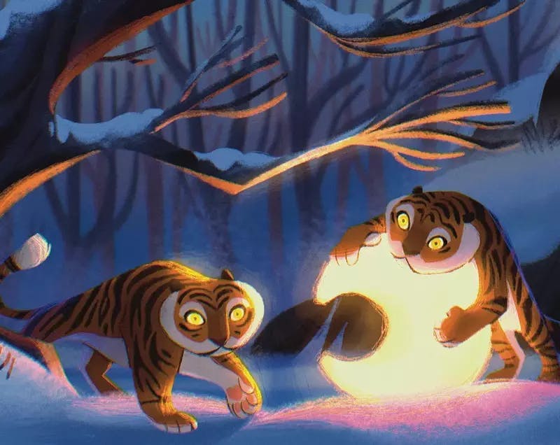 Two tigers playing with a glowing moon in a snowy forest at night
