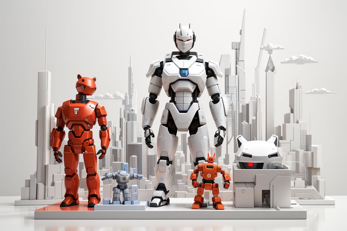 An image of A diverse set of 3D modeled characters (a warrior, a cartoon animal, and a robot) positioned in front of a digitally constructed cityscape, with a 3D printer on one side and a detailed architectural model on the other.