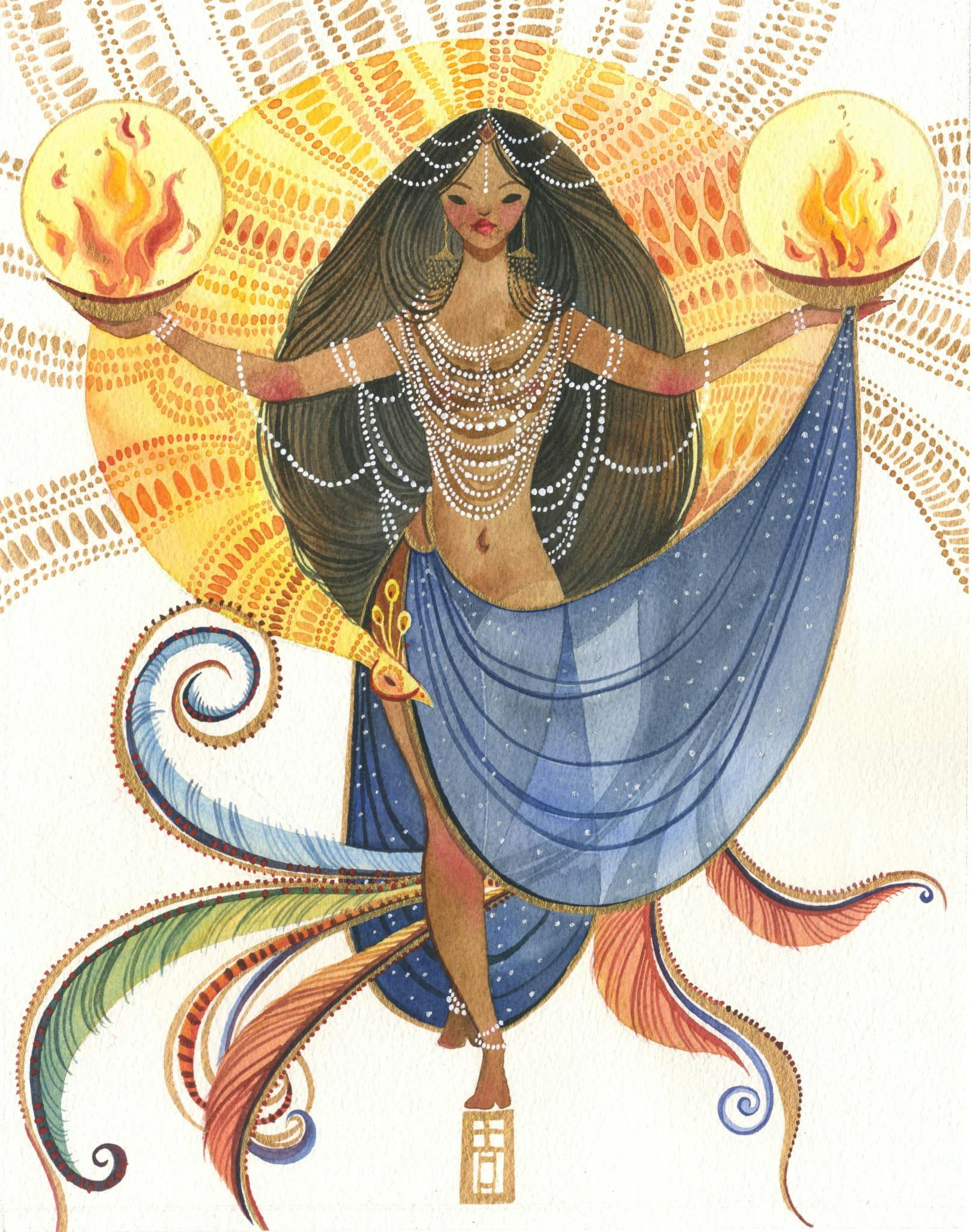 A woman holding two flames