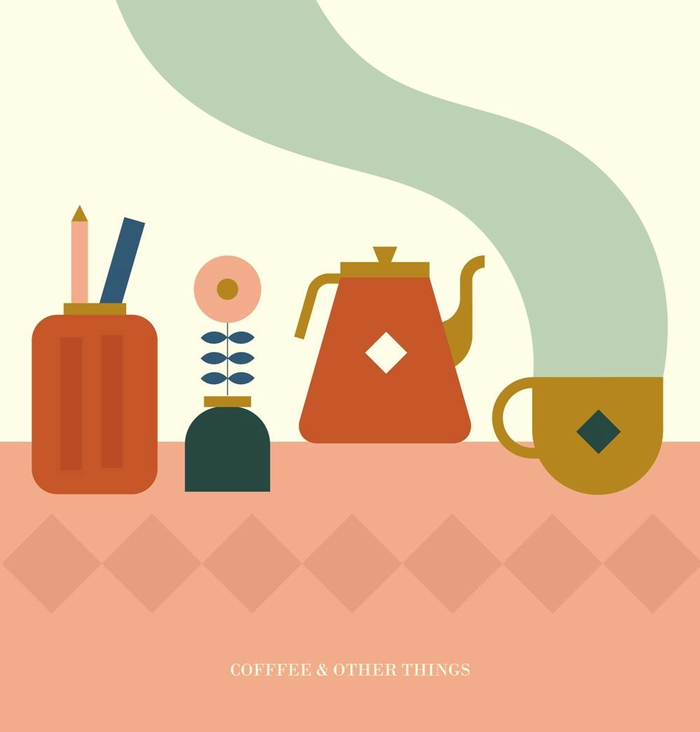 An illustration of a desk with a flower and hot tea