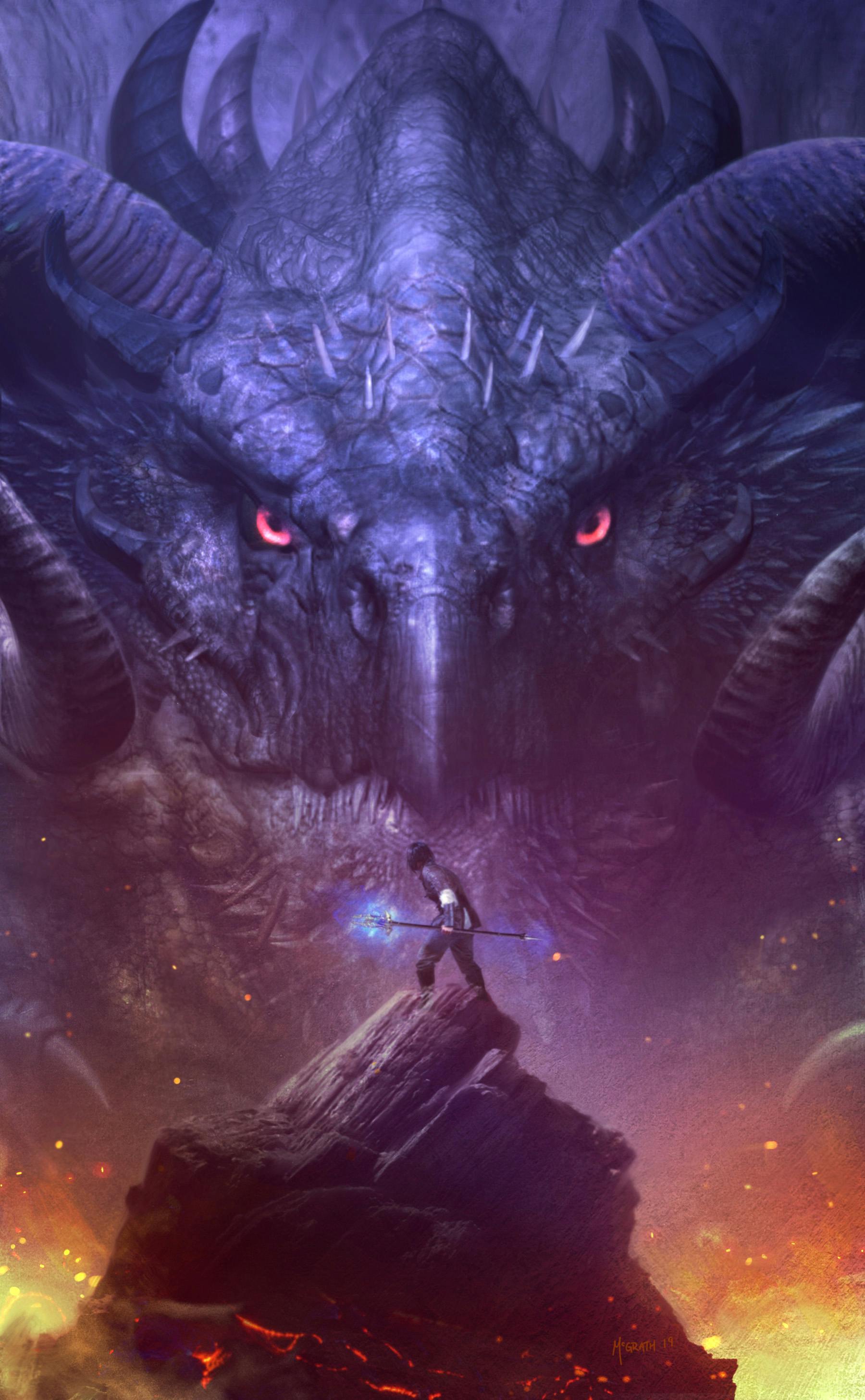 A sorcerer squaring off against an enormous dragon