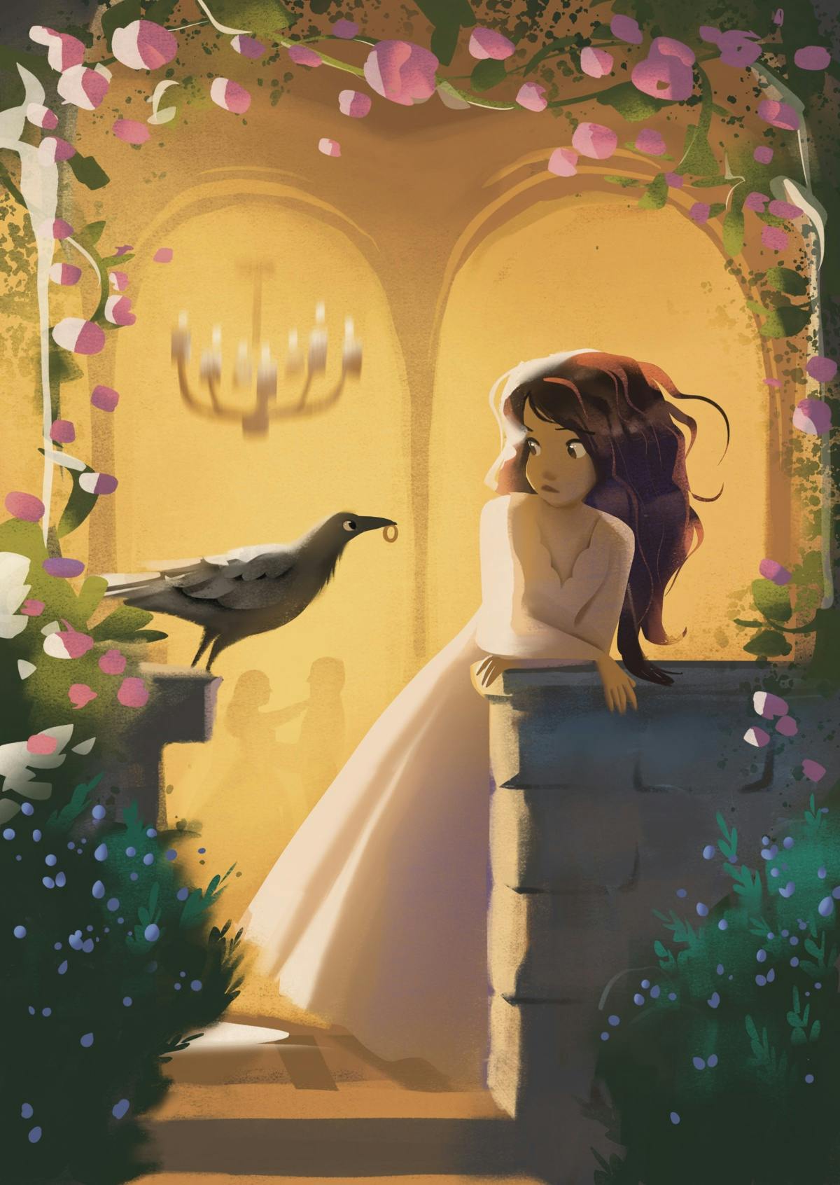 A crow giving a ring to a woman