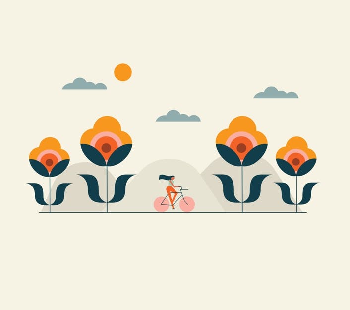 An illustration of a woman riding her bike between giant flowers