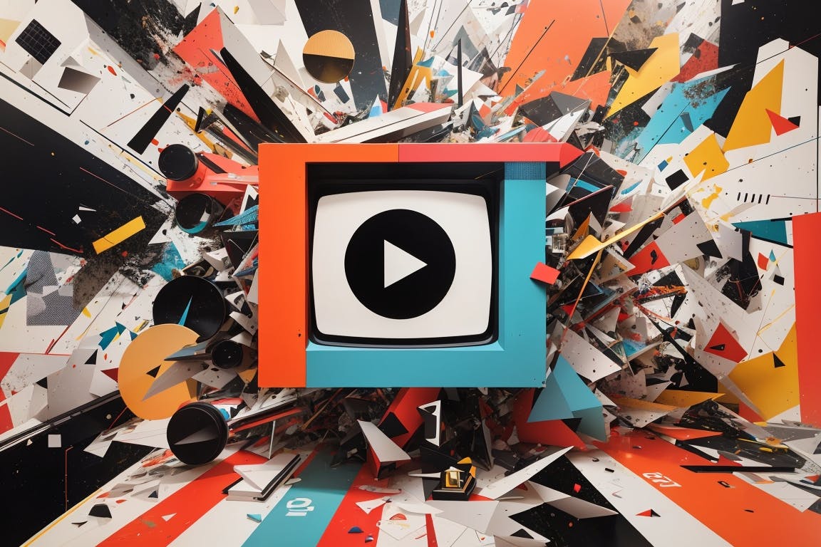 image of a bright collage of shapes in motion with a screen at the center with a large play button