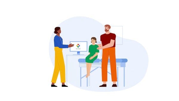 Illustration of a doctor speaking with a parent and child in a medical office, representing healthcare communication and the difference between iconography and iconology in visual storytelling.