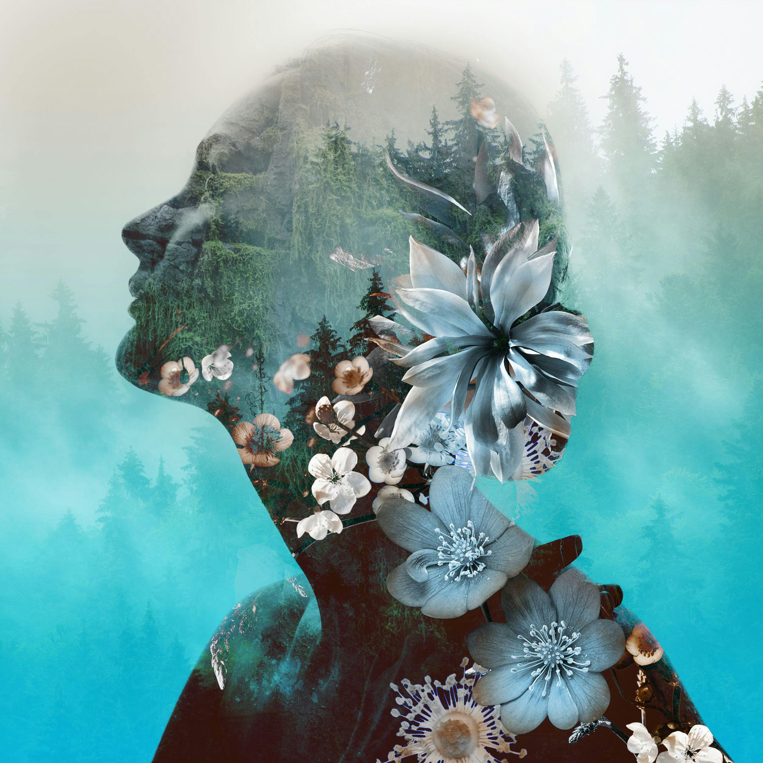 Collage of woman, forest, and flowers