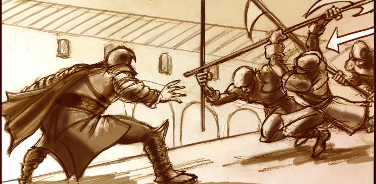 Storyboard of knights attacking