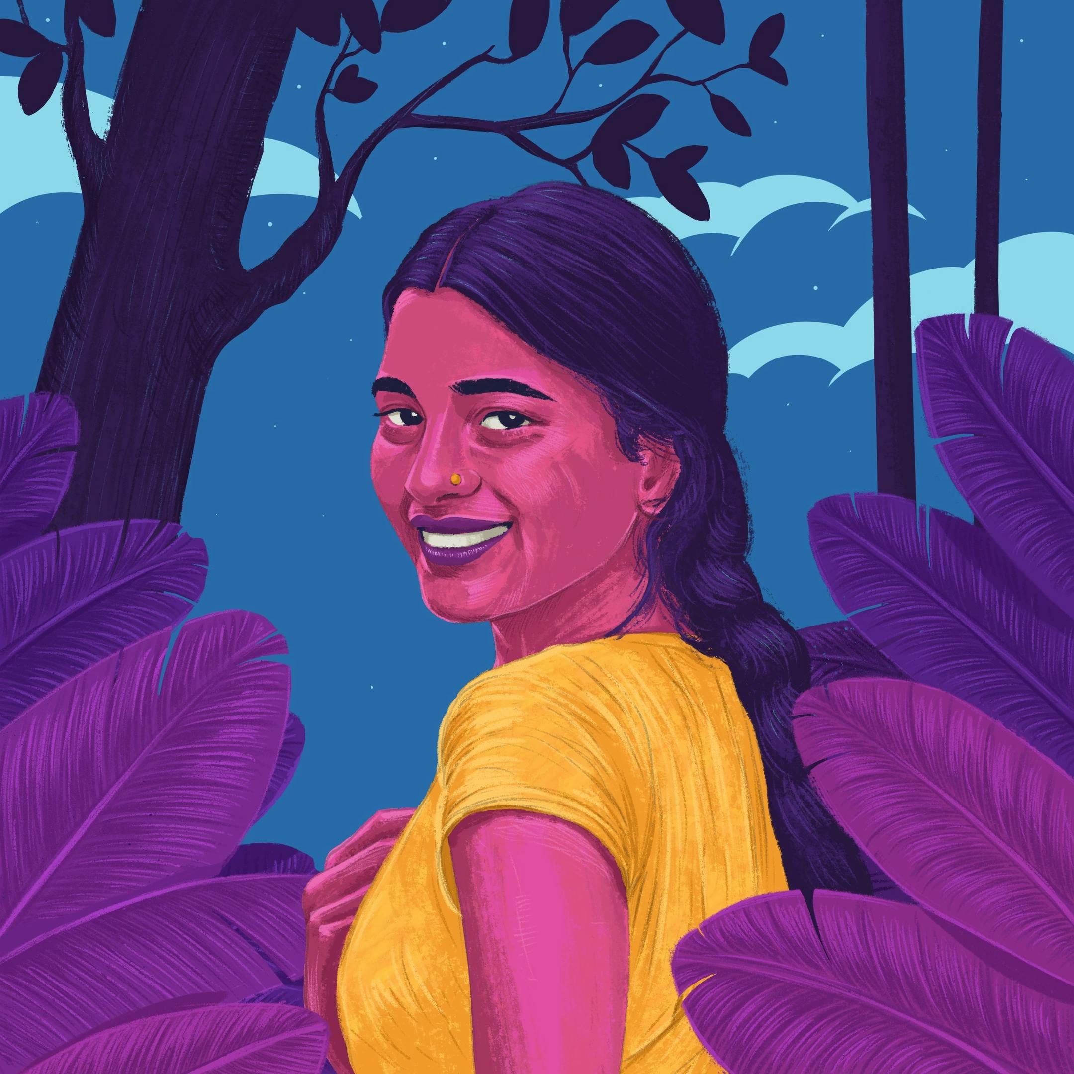 A smiling woman in the bushes
