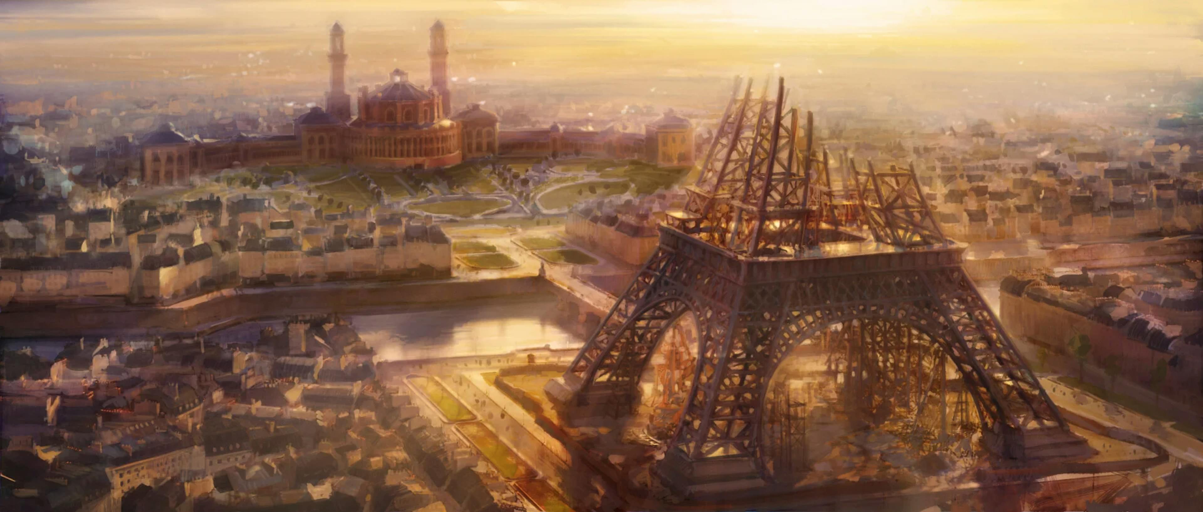 A painting of the Eiffel Tower under construction