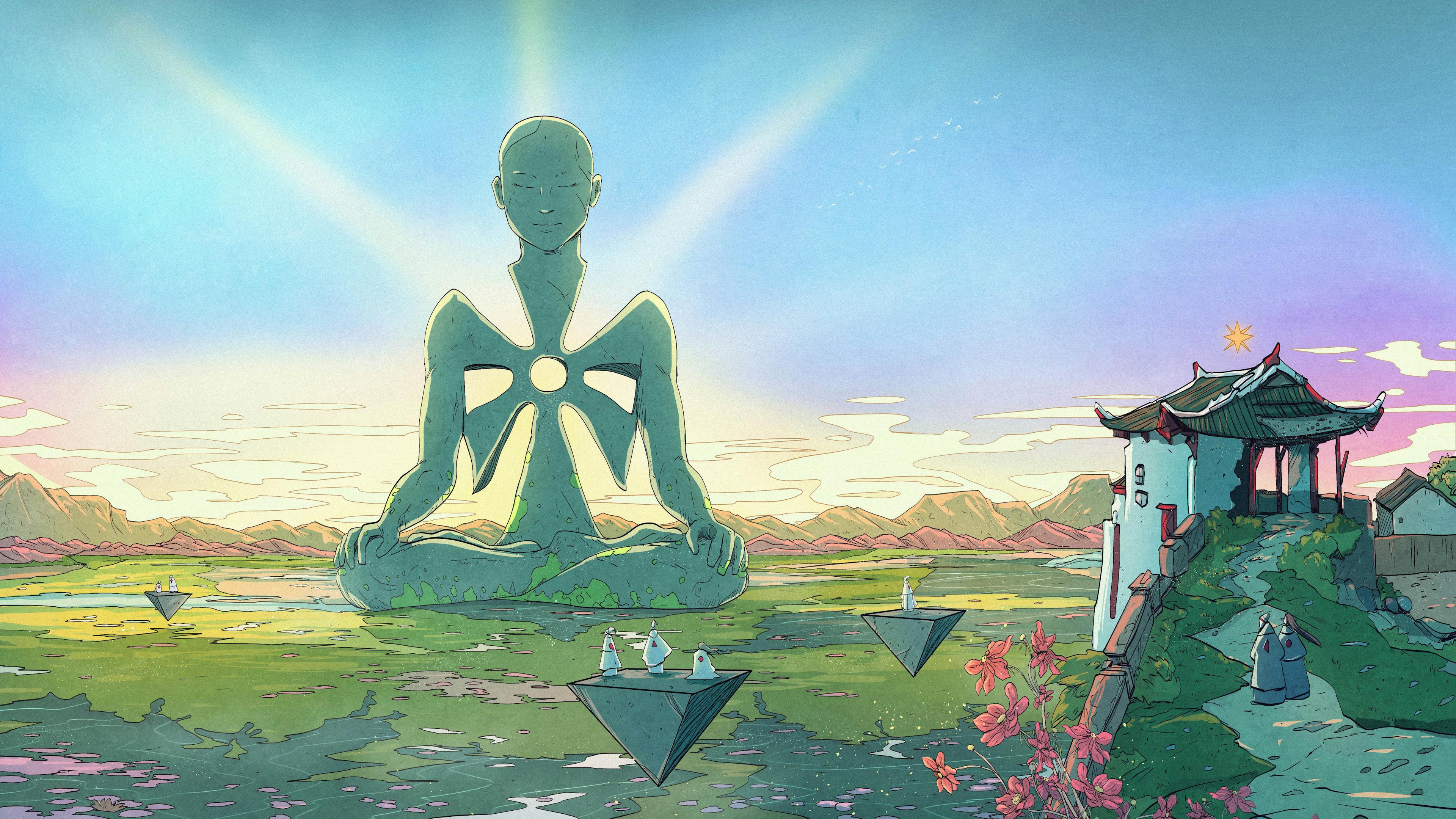 A giant statue of a meditating man