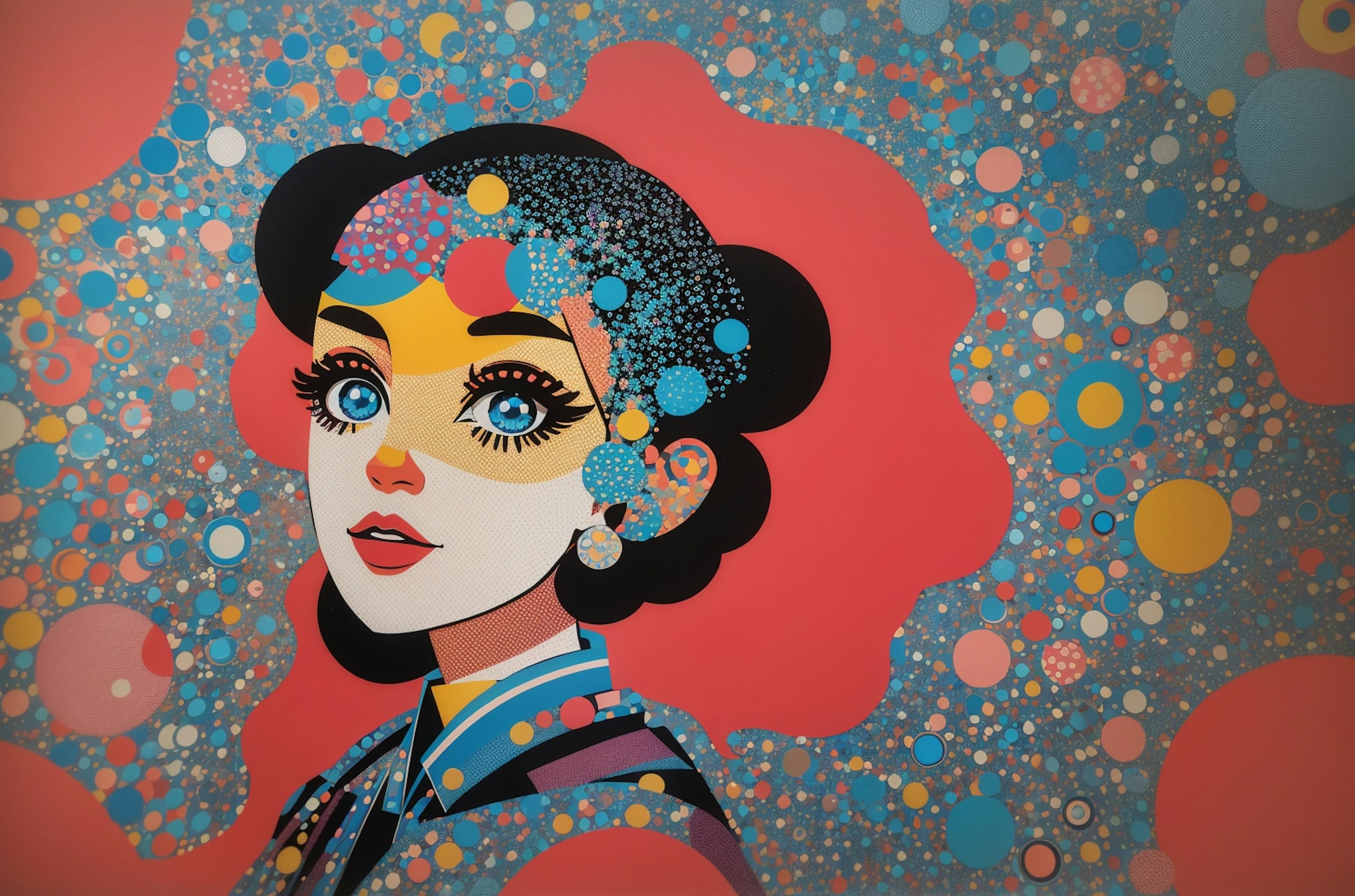 image of a portrait of a cartoon woman with lots of colors and dots surrounding her head. primarily reds, yellows, and blues