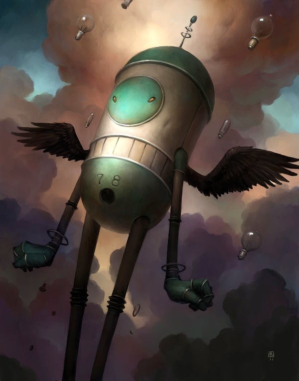 An illustration of a flying canister character