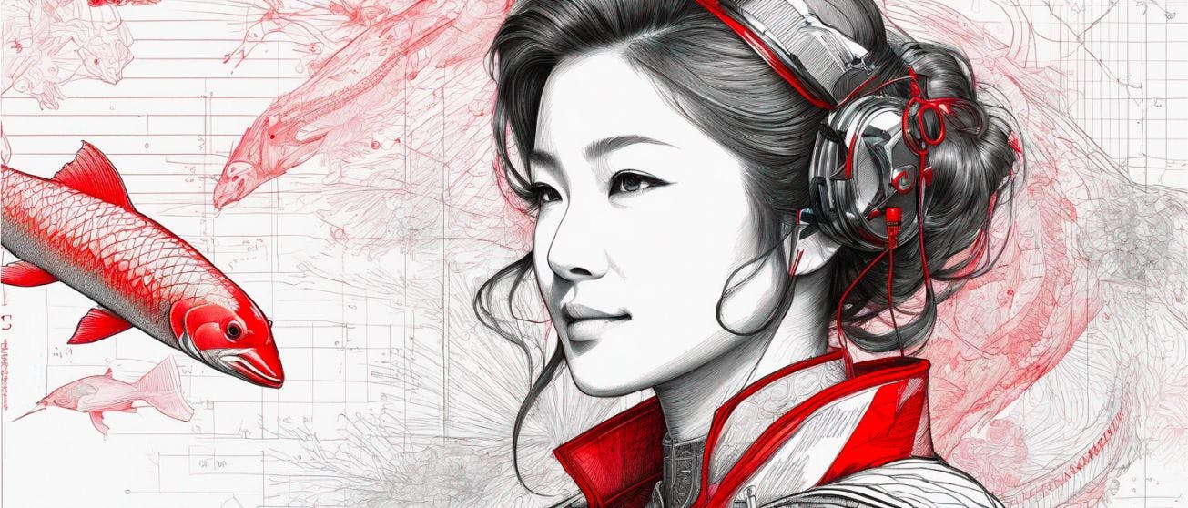 Digital illustration of a designer working on a tablet surrounded by floating creative assets, symbolizing digital artistry, focus, and design innovation.