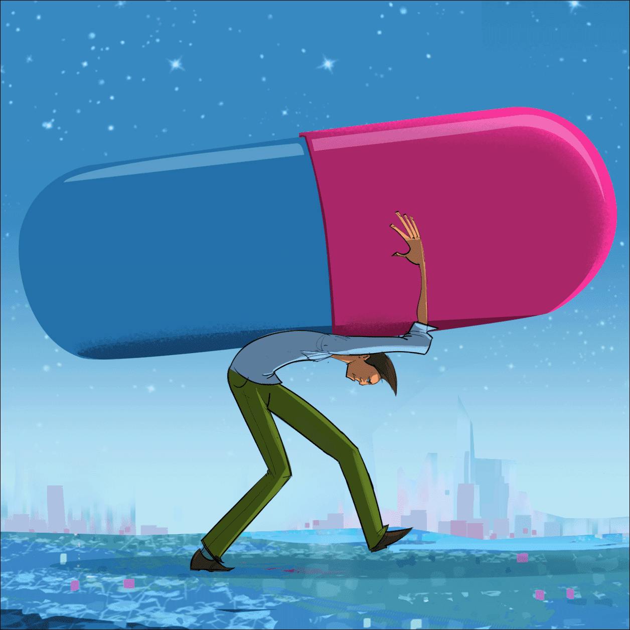 A man carrying a heavy, giant pill.
