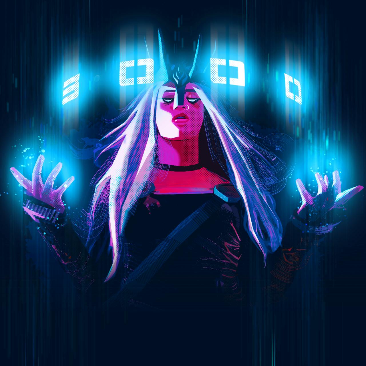 An illustration of a sorceress floating the numbers 3000 above her head