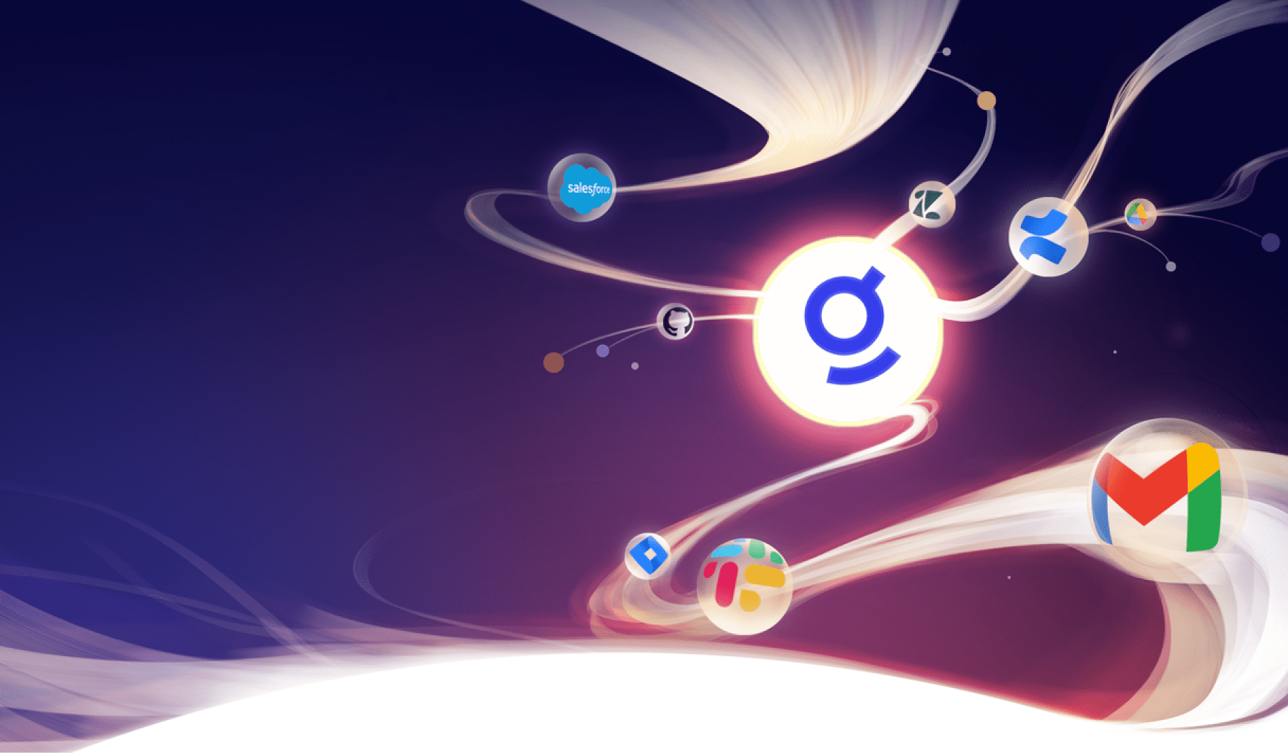 An image of swirling energy that connects common brand names to the glean logo.