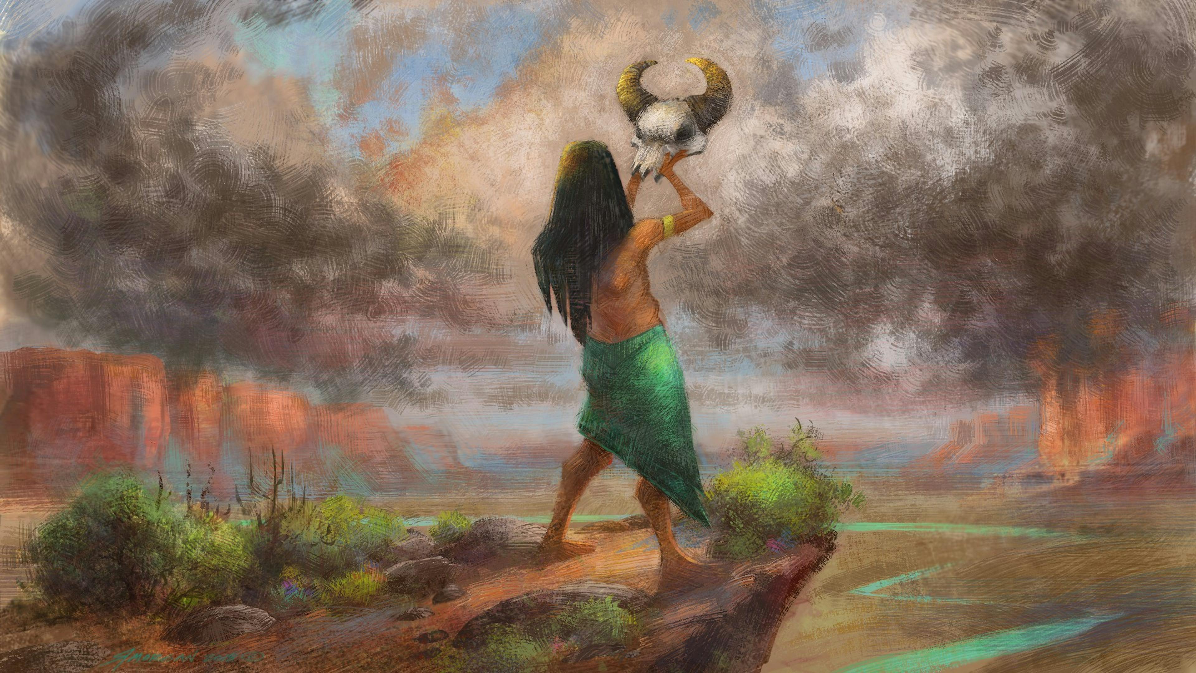 A man on a cliff with an animal skull