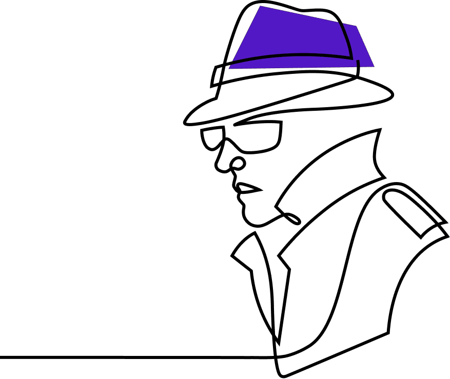 An illustration of a spy in a trench coat and sunglasses using a single contiguous line.