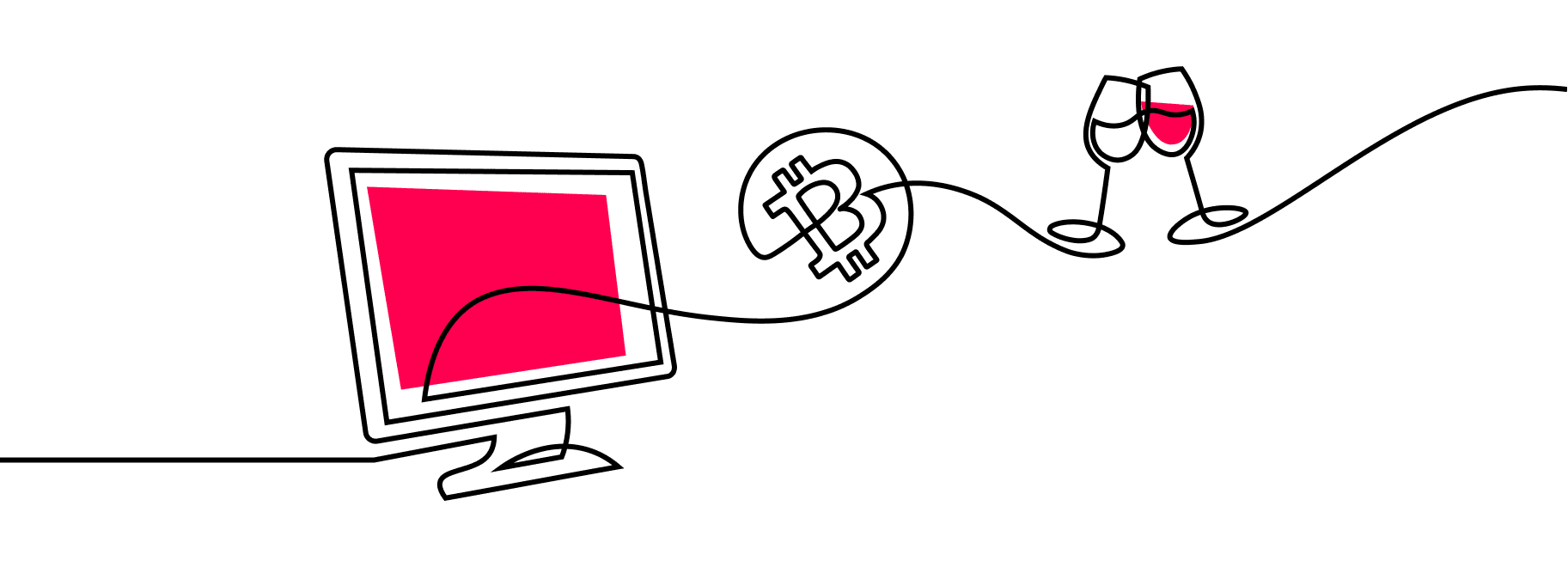 An illustration of a bitcoin coming out of a computer and turning into wine glasses using a single contiguous line