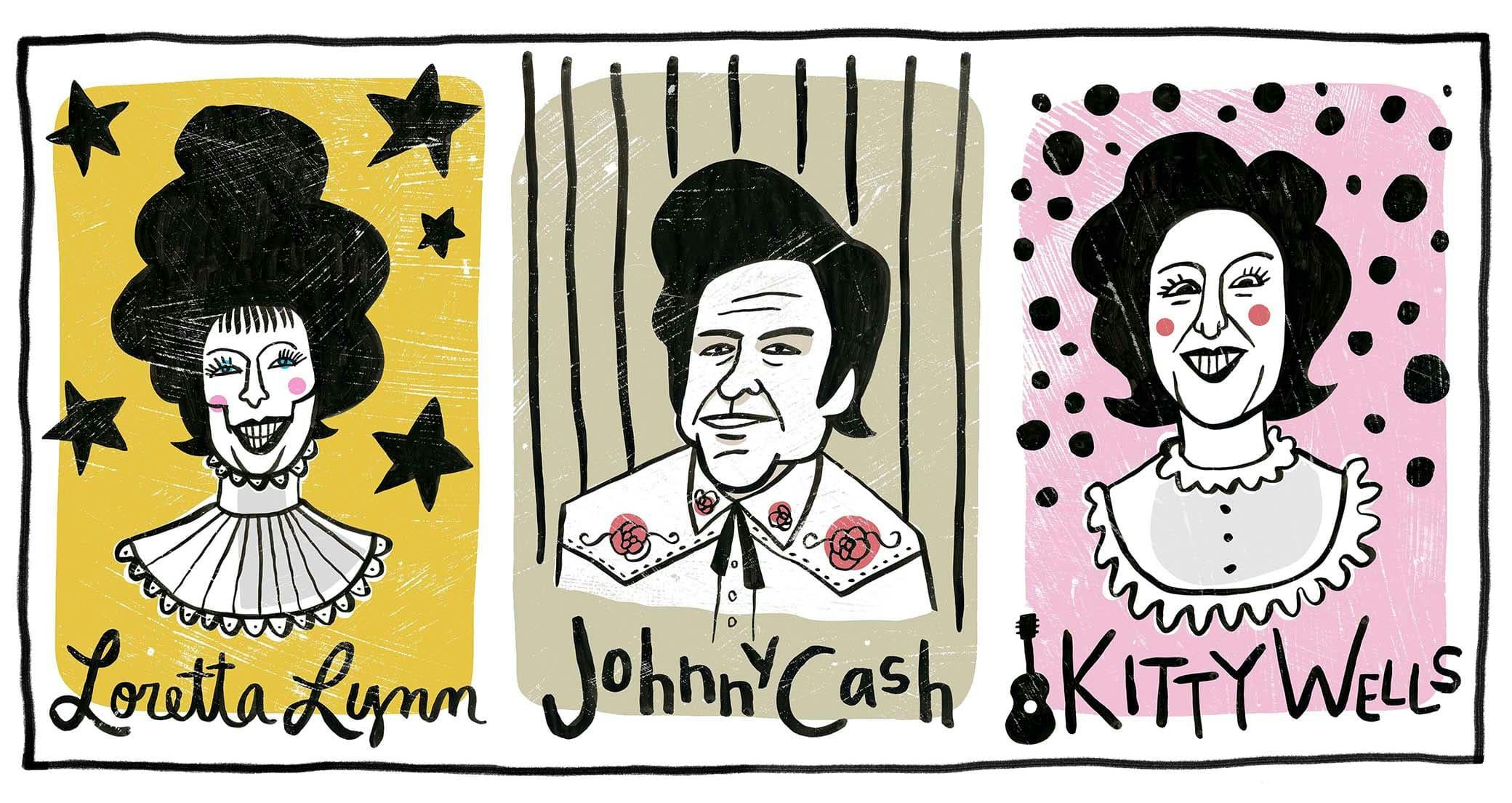 Three portraits of Loretta Lynn, Johnny Cash, and Kitty Wells