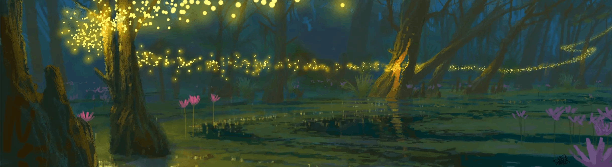 An illustration of fireflies in a swamp